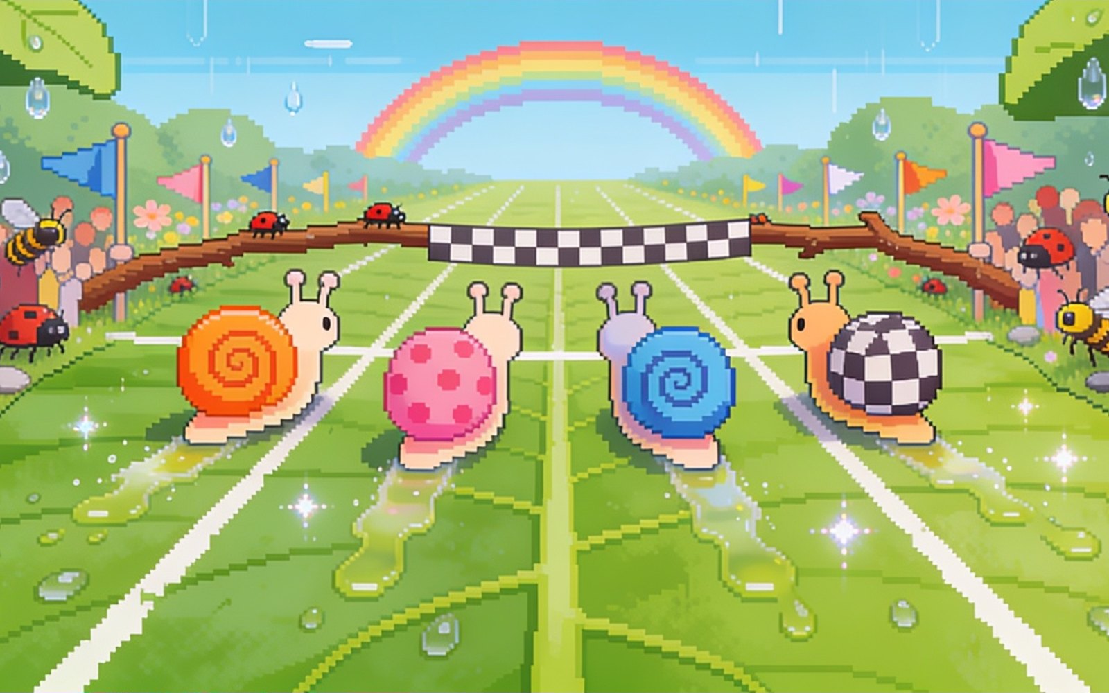 A garden race track after rain with snails racing on a big leaf.